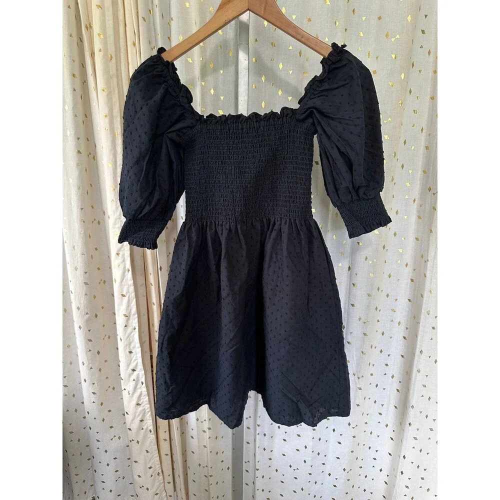 Kourt Calypso Poplin Smocked Bodice Cuff Puff Sleeve Fit Flare Mini Sun Dress S